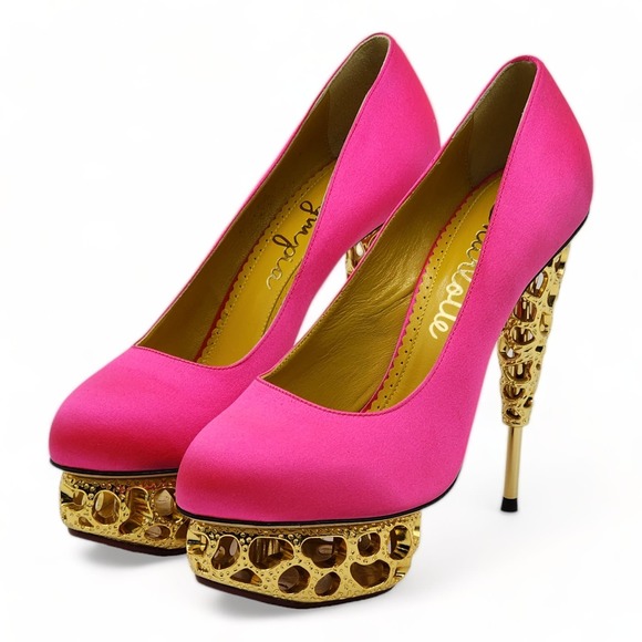 Charlotte Olympia Objets D'Art Gold Sculptured Heel Pumps | Pink | NEW $650 - Picture 3 of 7